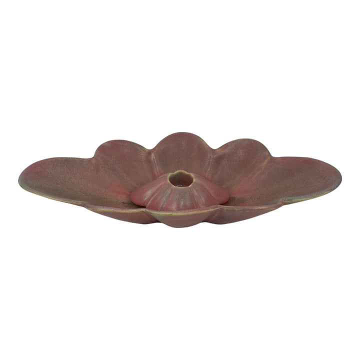 Muncie 1920s Art Deco Pottery Matte Green Over Rose Scalloped Bowl Candle Holder - Just Art Pottery
