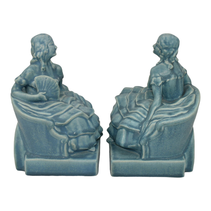 Rookwood Art Pottery 1932 Vintage Blue Colonial Women Ceramic Bookends 6252