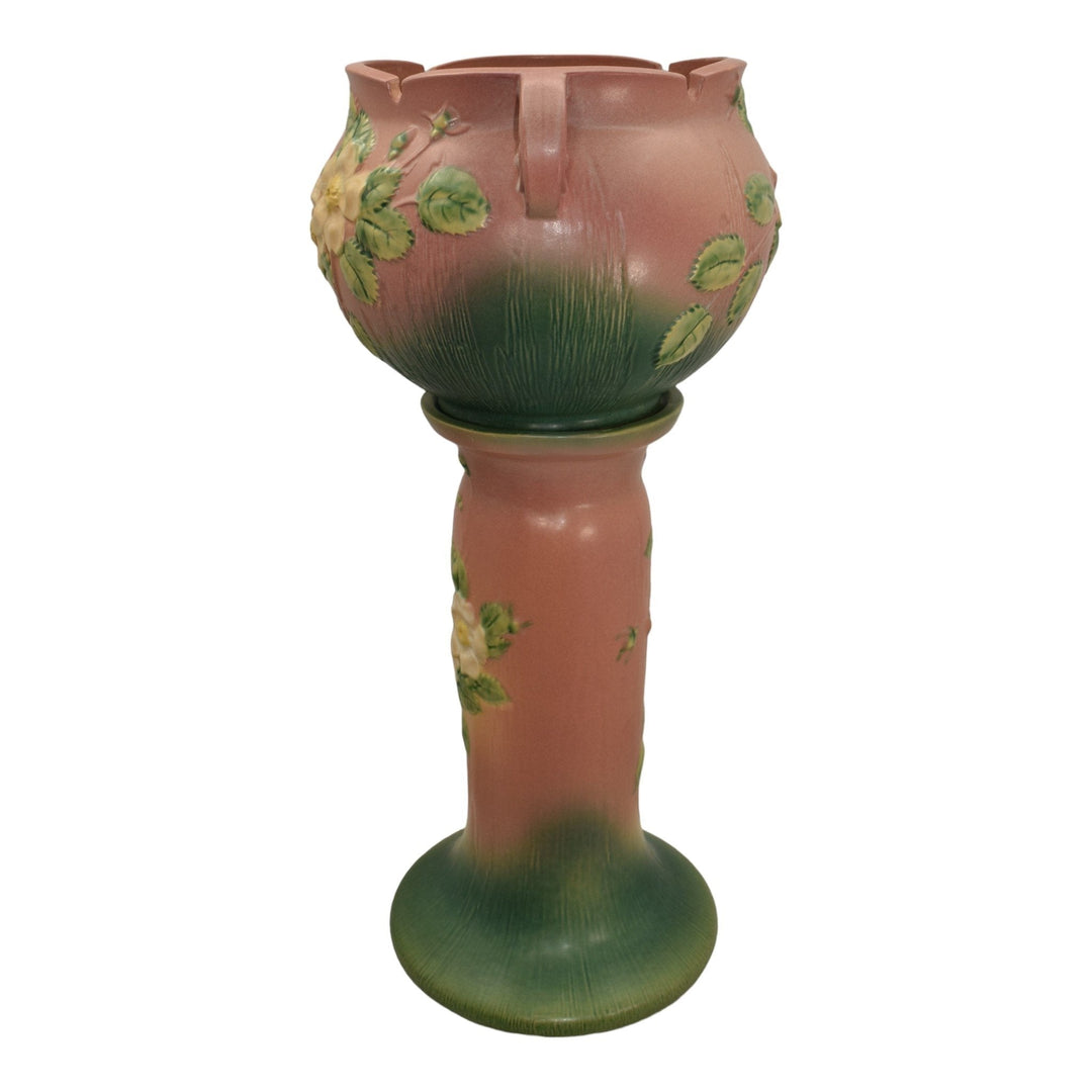 Roseville White Rose Pink 1940 Vintage Pottery Ceramic Jardiniere Pedestal 653-8