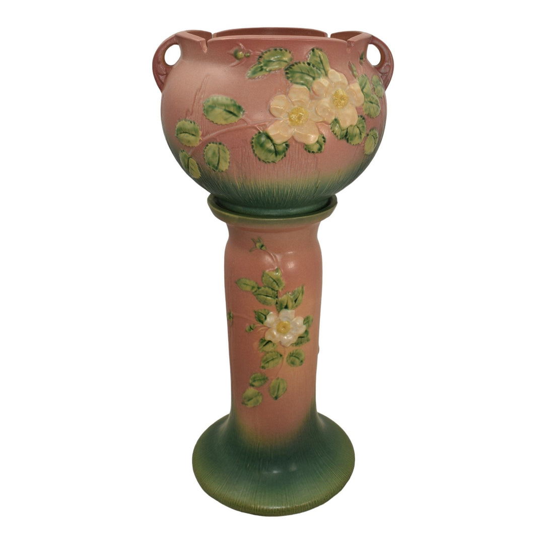 Roseville White Rose Pink 1940 Vintage Pottery Ceramic Jardiniere Pedestal 653-8