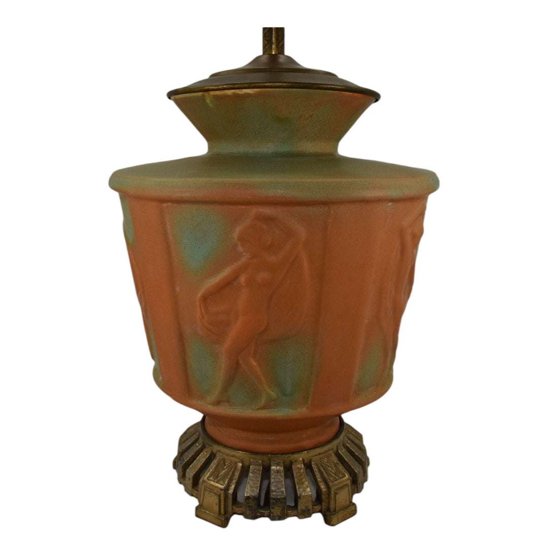 Muncie 1920s Art Deco Pottery Matte Green Over Pumpkin Dancing Nudes Lamp U33