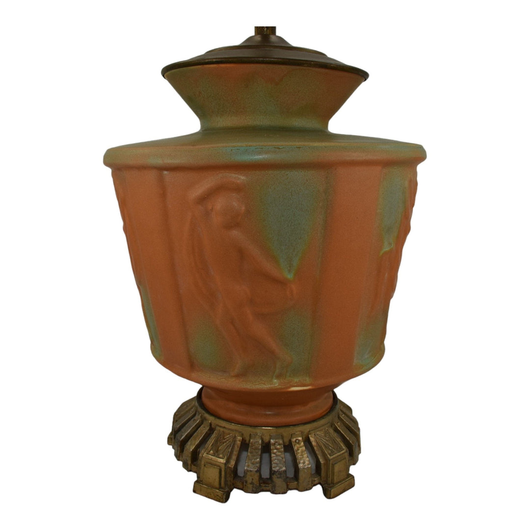 Muncie 1920s Art Deco Pottery Matte Green Over Pumpkin Dancing Nudes Lamp U33