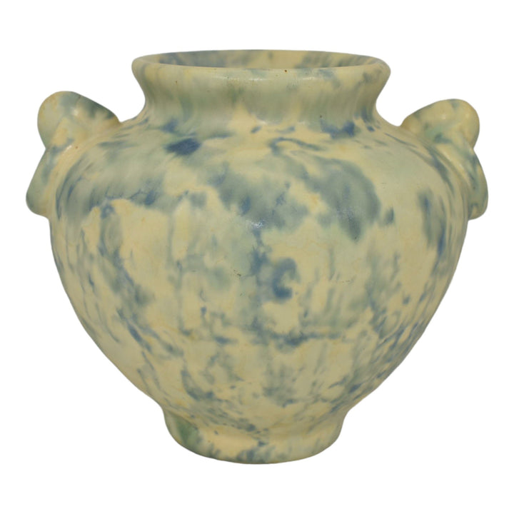 Camark 1930s Vintage Pottery Mottled Blue And White Ring Handled Vase - Just Art Pottery