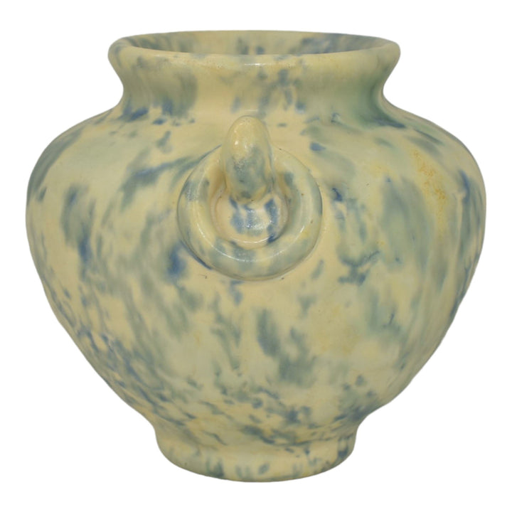 Camark 1930s Vintage Pottery Mottled Blue And White Ring Handled Vase - Just Art Pottery