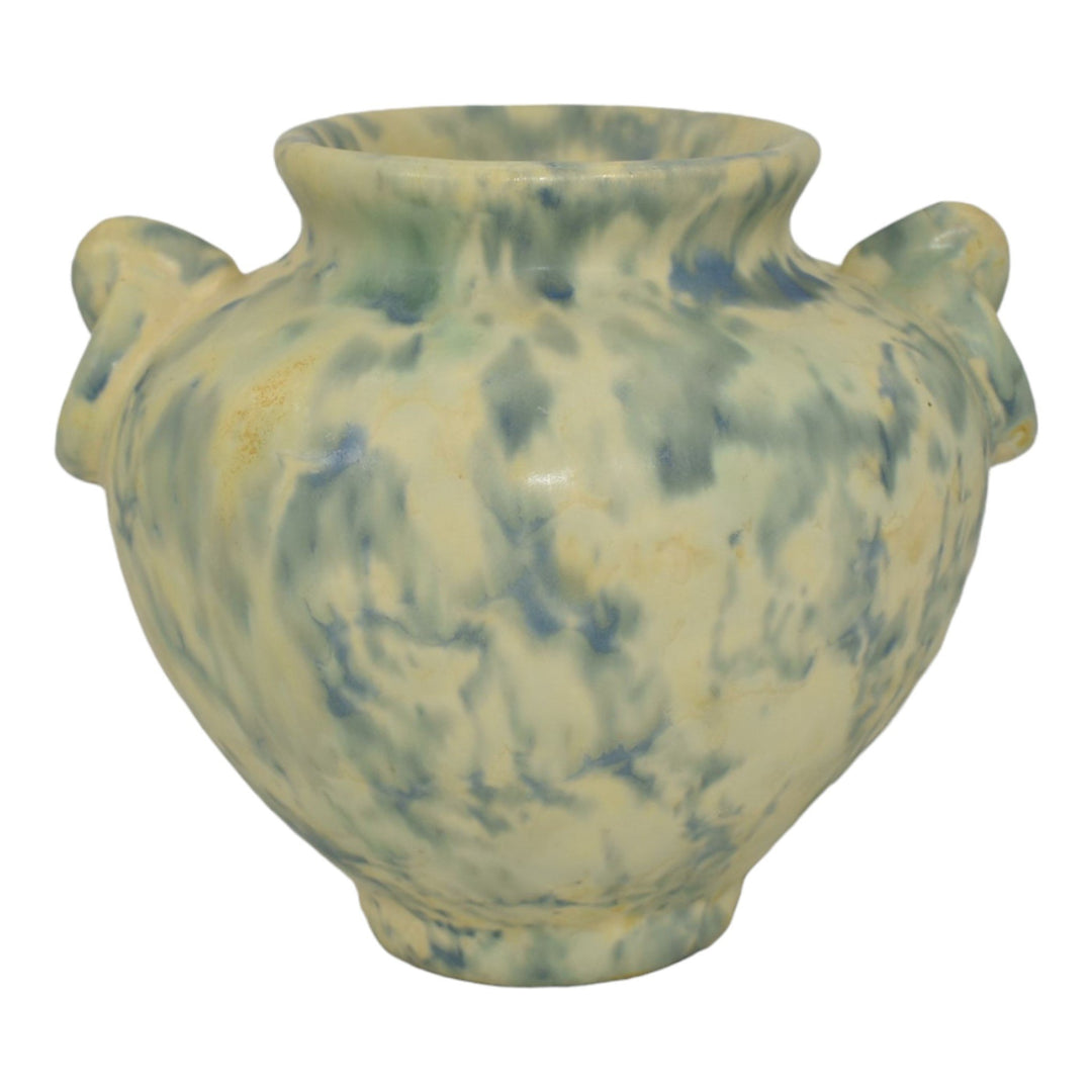Camark 1930s Vintage Pottery Mottled Blue And White Ring Handled Vase - Just Art Pottery