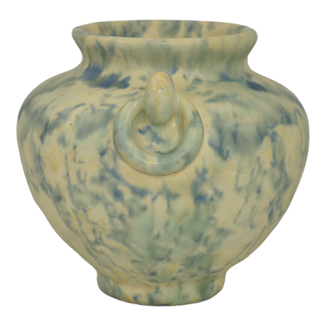 Camark 1930s Vintage Pottery Mottled Blue And White Ring Handled Vase - Just Art Pottery