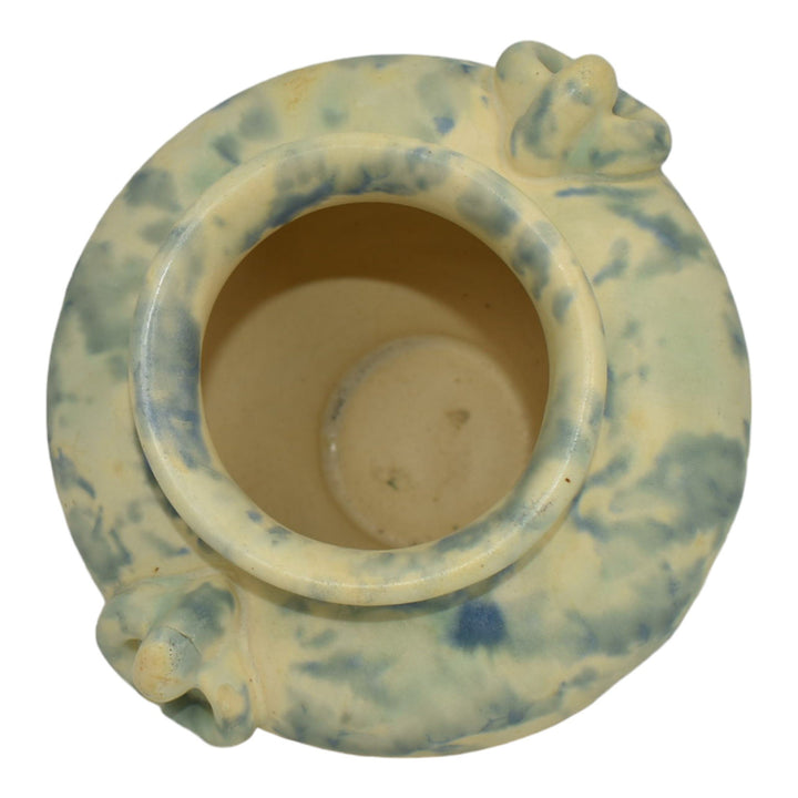 Camark 1930s Vintage Pottery Mottled Blue And White Ring Handled Vase - Just Art Pottery