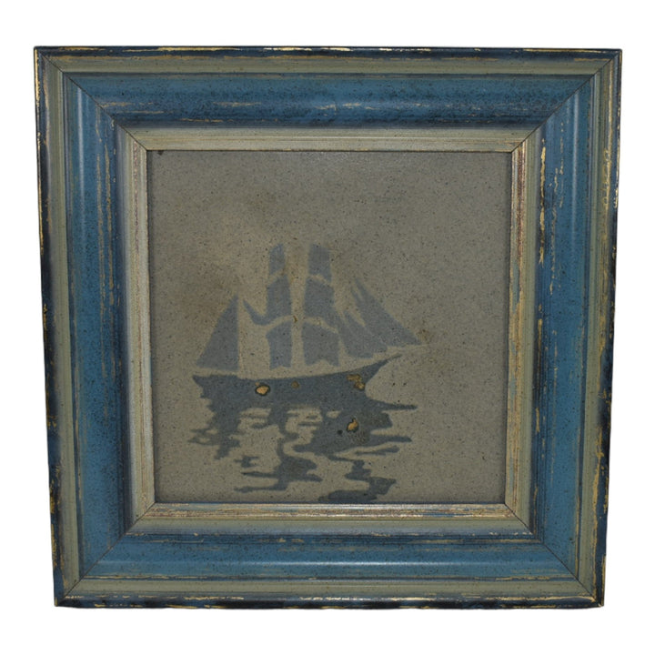 Marblehead Vintage Arts and Crafts Pottery Sailing Ship Gray Framed Ceramic Tile