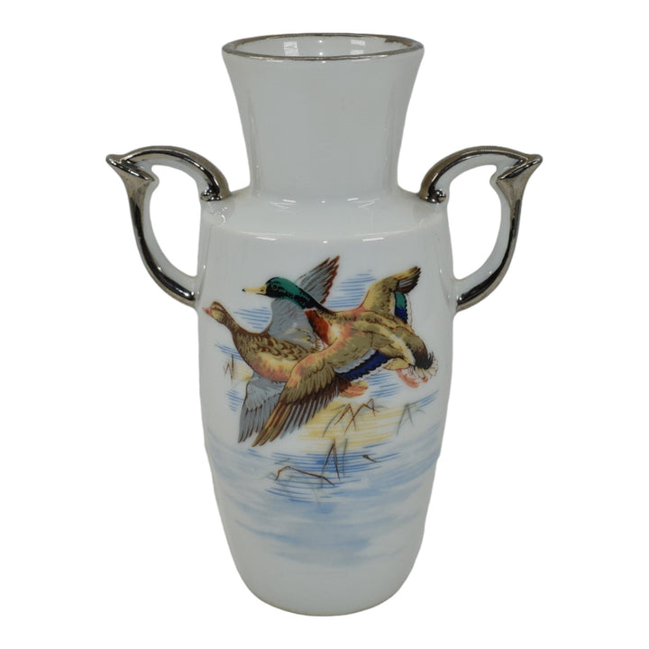 Ruth Axline Zanesville Ohio Vintage Pottery Ducks In Flight White Porcelain Vase