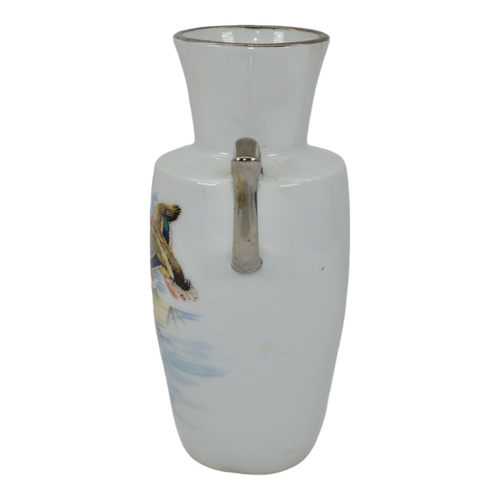 Ruth Axline Zanesville Ohio Vintage Pottery Ducks In Flight White Porcelain Vase