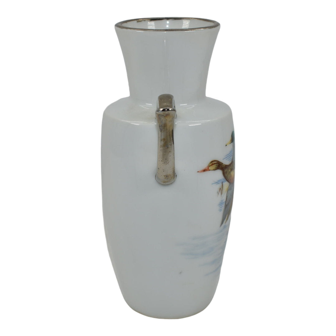 Ruth Axline Zanesville Ohio Vintage Pottery Ducks In Flight White Porcelain Vase