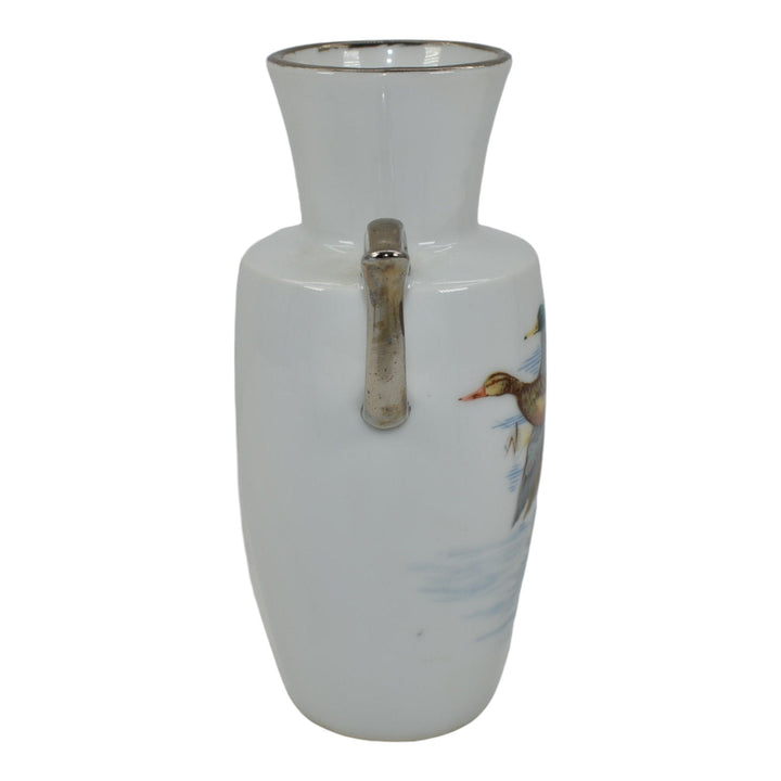 Ruth Axline Zanesville Ohio Vintage Pottery Ducks In Flight White Porcelain Vase