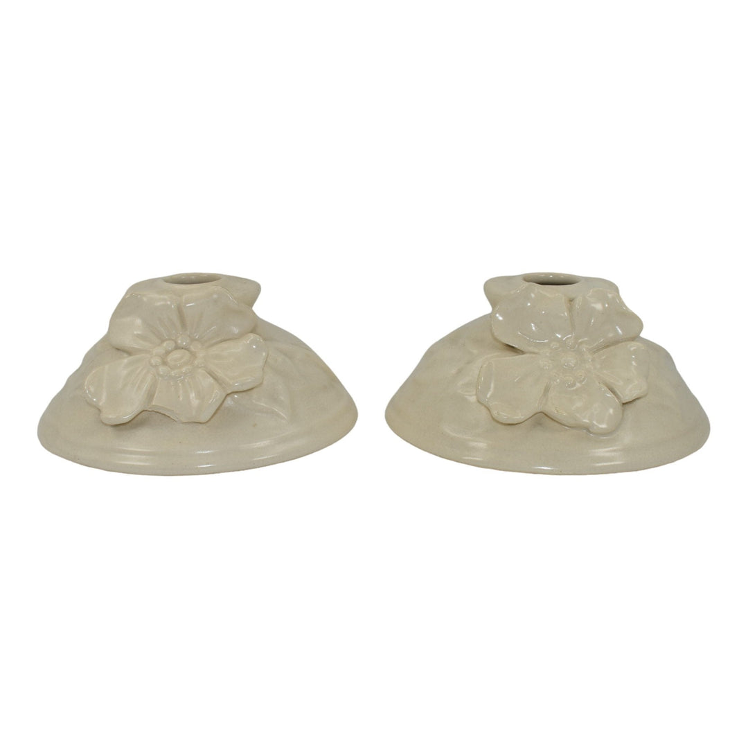 Weller Ivoris Rosemont 1930s Vintage Art Pottery White Floral Candle Holders