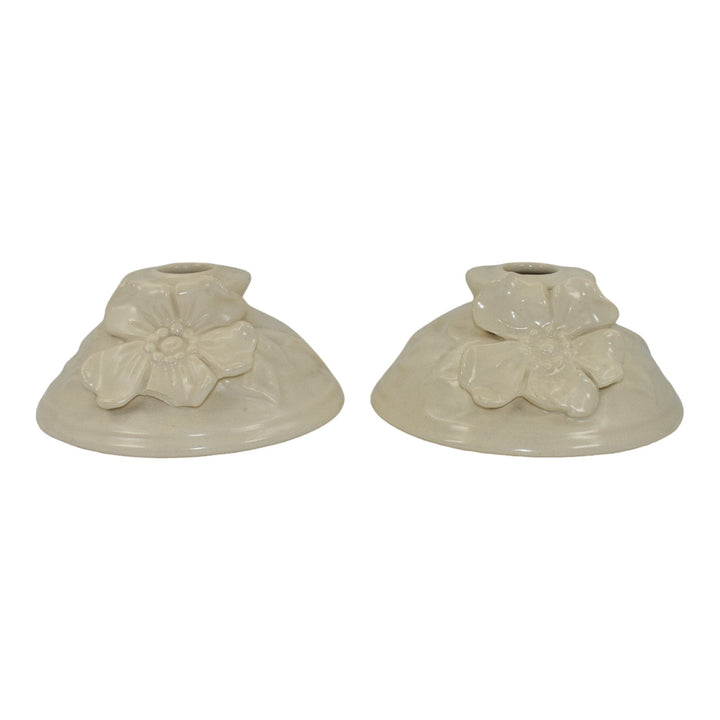 Weller Ivoris Rosemont 1930s Vintage Art Pottery White Floral Candle Holders