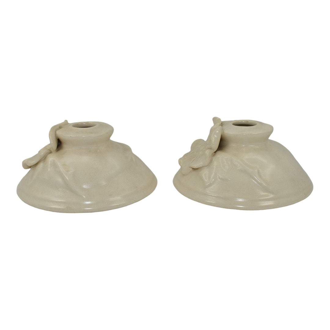 Weller Ivoris Rosemont 1930s Vintage Art Pottery White Floral Candle Holders
