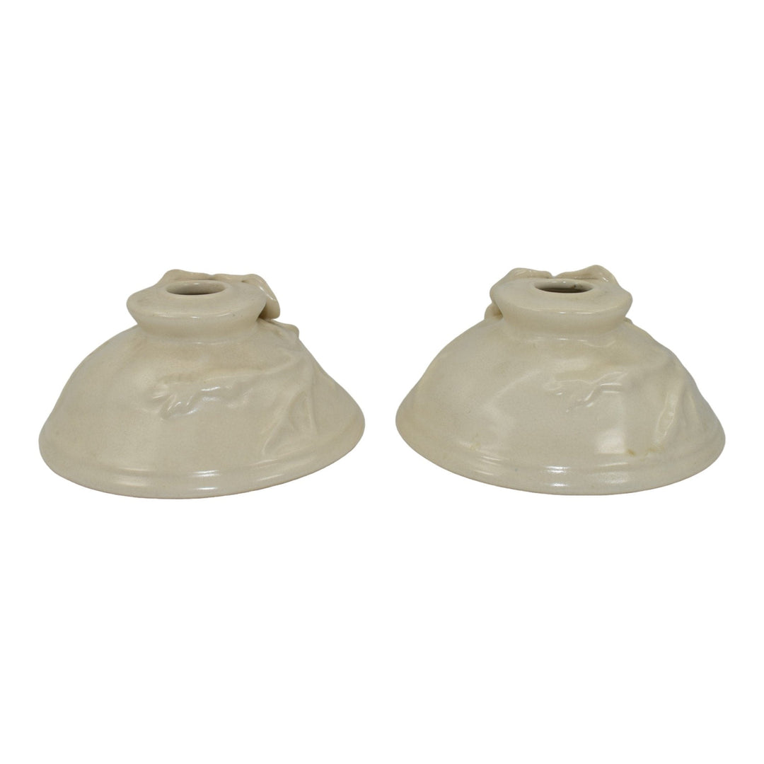Weller Ivoris Rosemont 1930s Vintage Art Pottery White Floral Candle Holders
