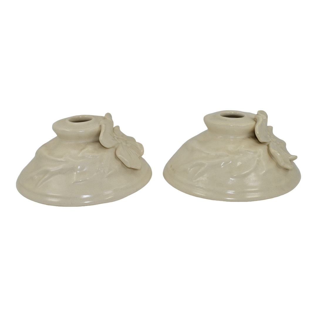 Weller Ivoris Rosemont 1930s Vintage Art Pottery White Floral Candle Holders