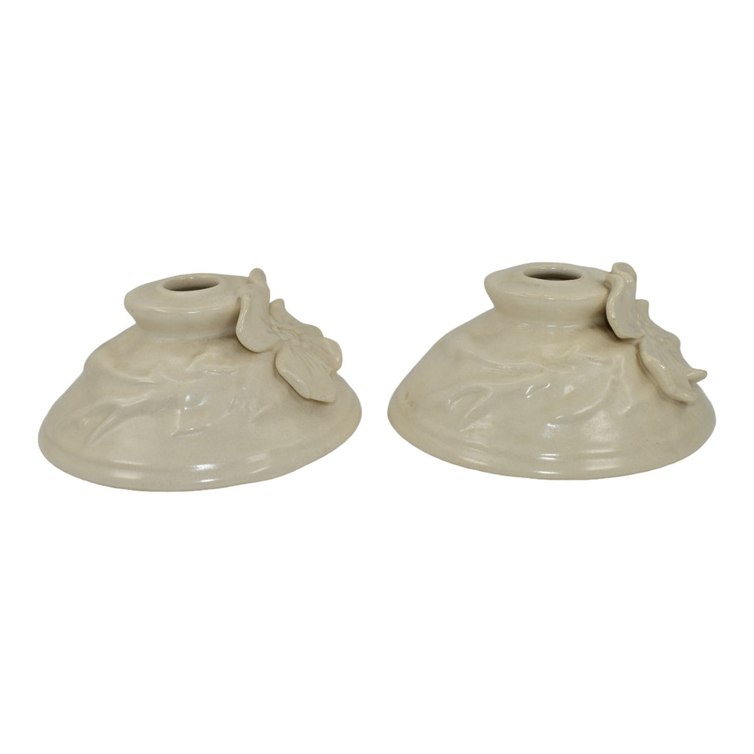 Weller Ivoris Rosemont 1930s Vintage Art Pottery White Floral Candle Holders - Just Art Pottery