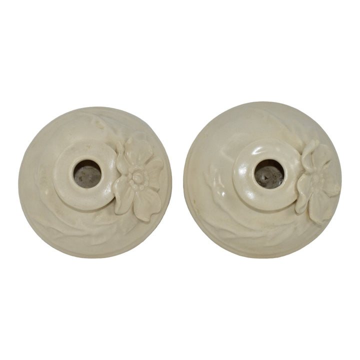 Weller Ivoris Rosemont 1930s Vintage Art Pottery White Floral Candle Holders