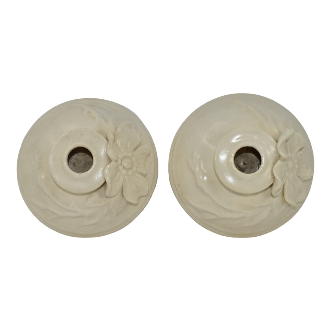 Weller Ivoris Rosemont 1930s Vintage Art Pottery White Floral Candle Holders - Just Art Pottery