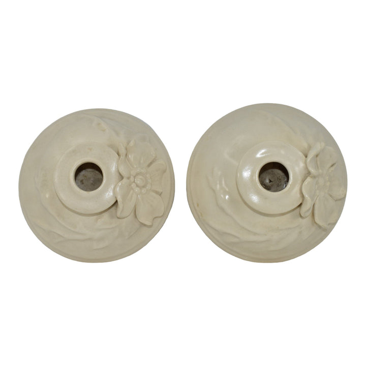 Weller Ivoris Rosemont 1930s Vintage Art Pottery White Floral Candle Holders - Just Art Pottery