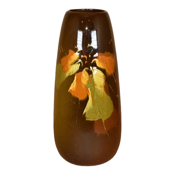 Owens Utopian 1900s Vintage Art Pottery Hand Painted Leaves Factory Lamp Vase S6 - Just Art Pottery
