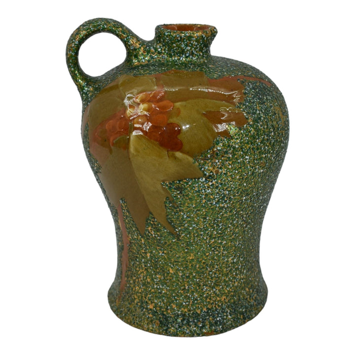 Owens Opalesce Utopian 1900s Vintage Art Pottery Floral Green Ceramic Jug 793