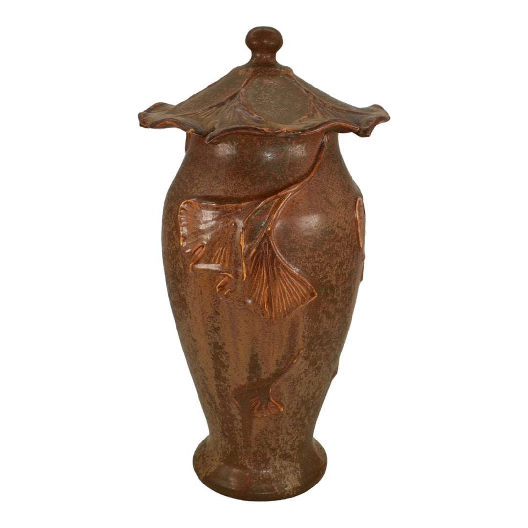 Ephraim Faience 2014 Hand Made Pottery Brown Ginkgo Lidded Urn With Insert U02