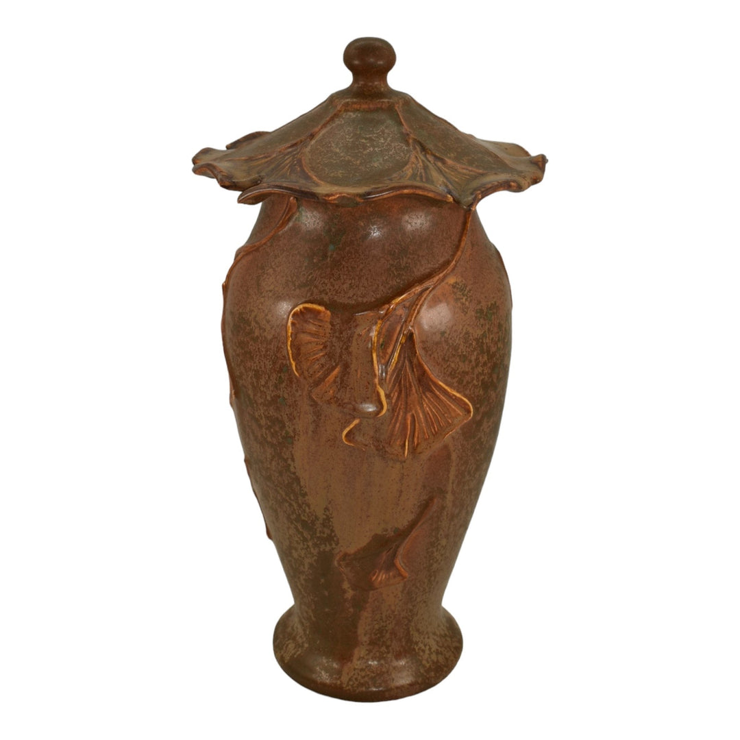 Ephraim Faience 2014 Hand Made Pottery Brown Ginkgo Lidded Urn With Insert U02