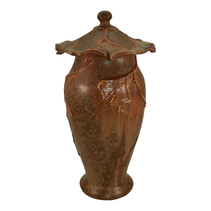 Ephraim Faience 2014 Hand Made Pottery Brown Ginkgo Lidded Urn With Insert U02