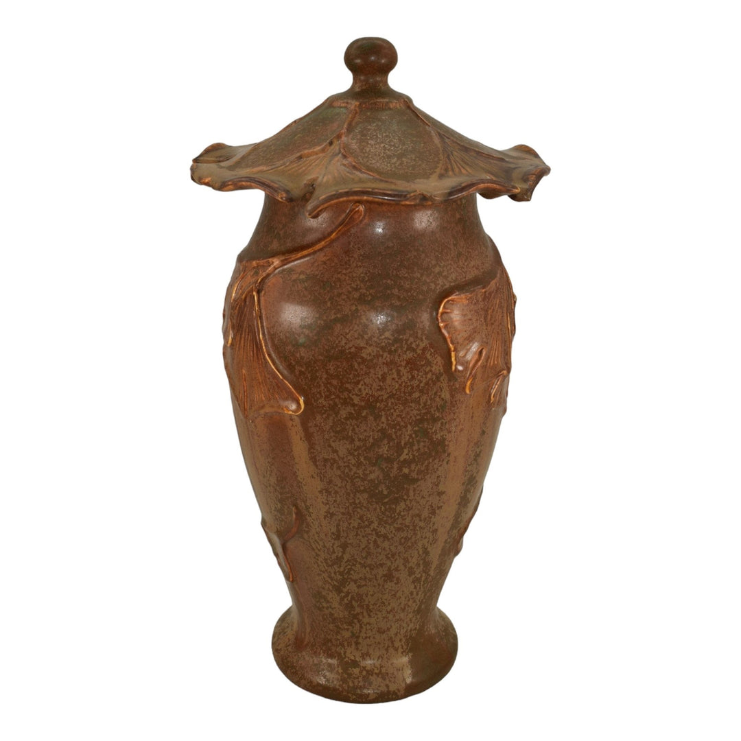 Ephraim Faience 2014 Hand Made Pottery Brown Ginkgo Lidded Urn With Insert U02