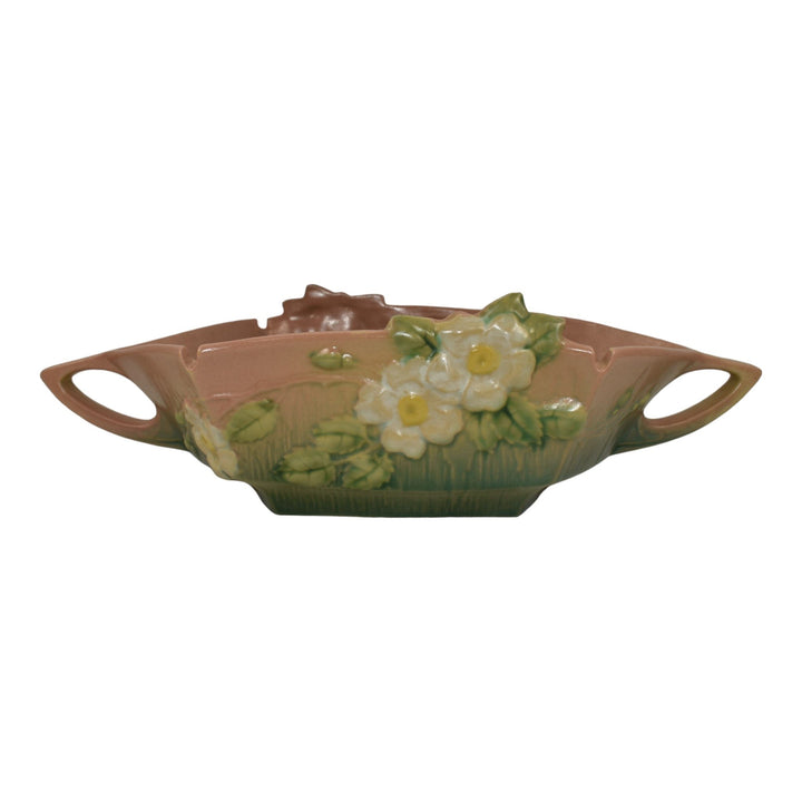 Roseville White Rose Pink 1940 Mid Century Modern Pottery Console Bowl 393-12 - Just Art Pottery
