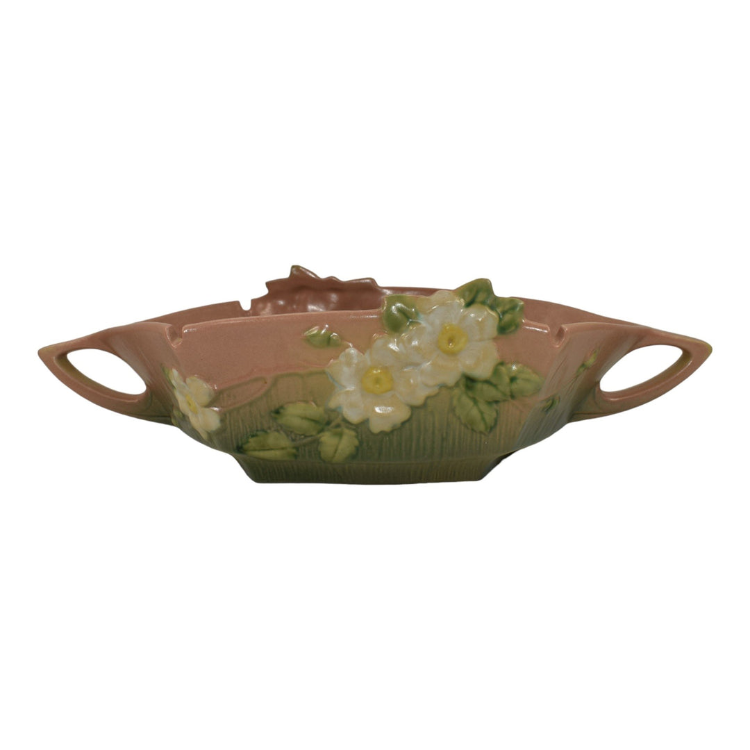 Roseville White Rose Pink 1940 Mid Century Modern Pottery Console Bowl 393-12 - Just Art Pottery
