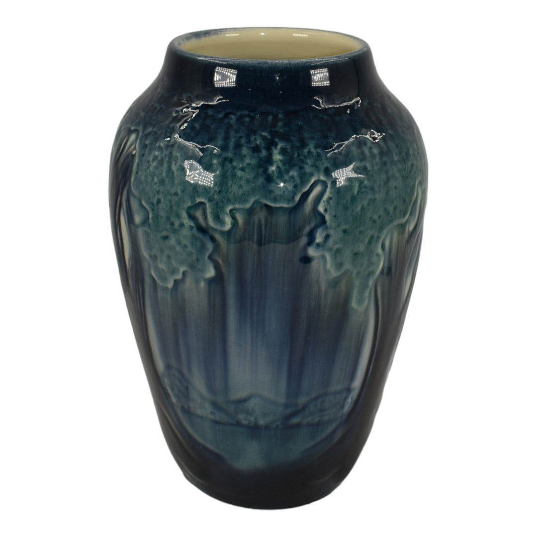 Ephraim Faience 2013 Hand Made Pottery High Glaze Blue Southern Oak Vase G09