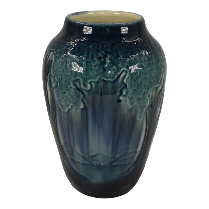 Ephraim Faience 2013 Hand Made Pottery High Glaze Blue Southern Oak Vase G09
