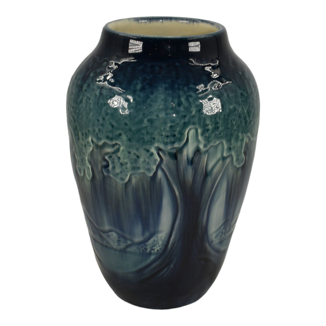 Ephraim Faience 2013 Hand Made Pottery High Glaze Blue Southern Oak Vase G09