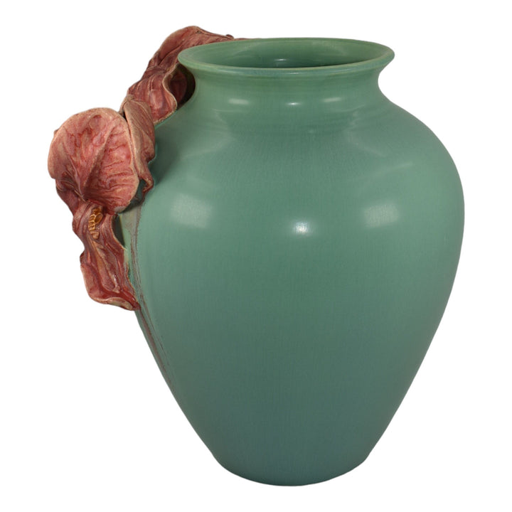 Ephraim Faience 2015 Hand Made Pottery Green With Red Iris Lauras Vase I25