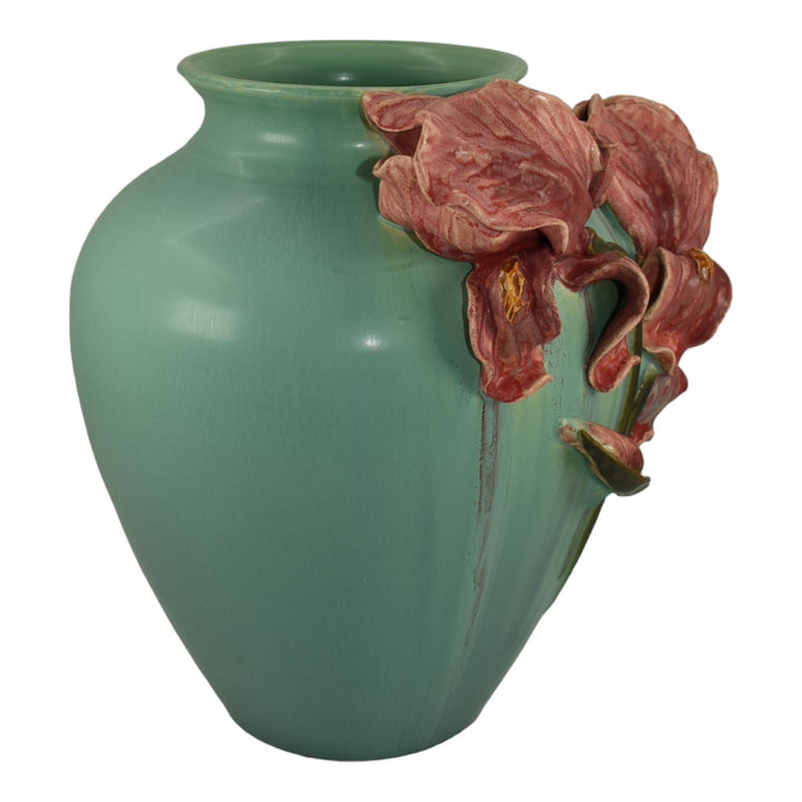 Ephraim Faience 2015 Hand Made Pottery Green With Red Iris Lauras Vase I25