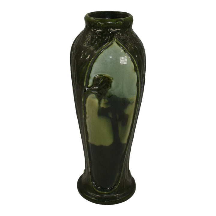 Ephraim Faience 2013 Hand Made Pottery Scenic Panels Green Experimental Vase