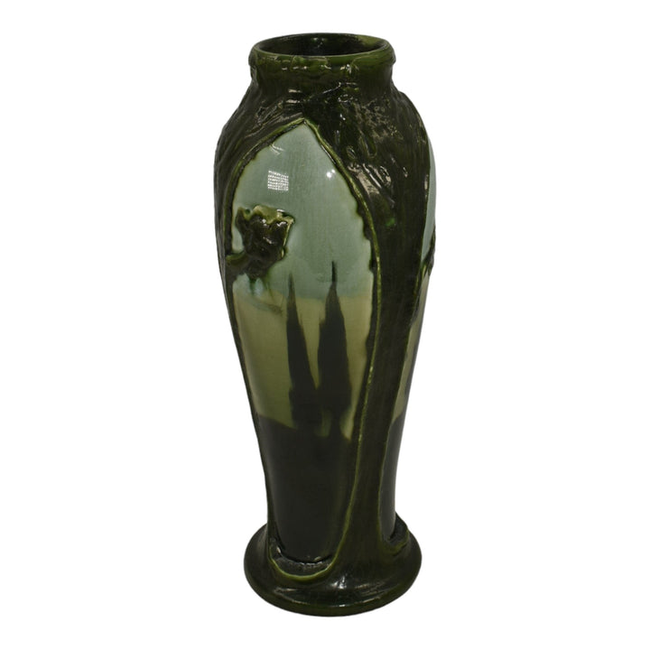 Ephraim Faience 2013 Hand Made Pottery Scenic Panels Green Experimental Vase