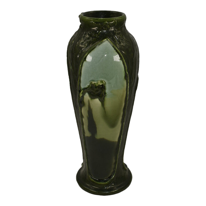 Ephraim Faience 2013 Hand Made Pottery Scenic Panels Green Experimental Vase