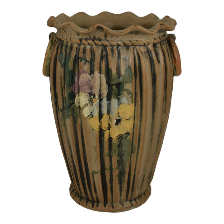 Weller Louella 1915s Vintage Art Pottery Hand Painted Floral Brown Ceramic Vase