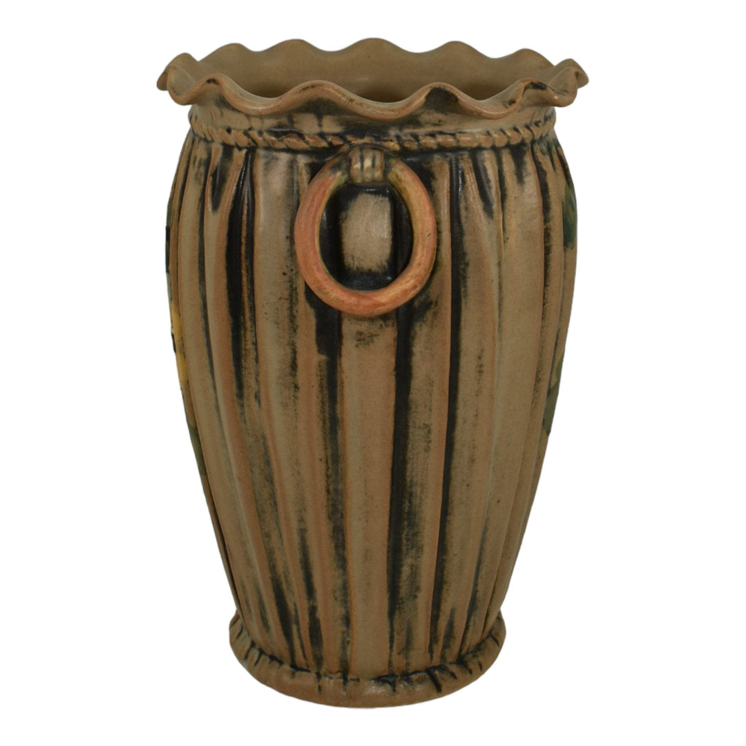 Weller Louella 1915s Vintage Art Pottery Hand Painted Floral Brown Ceramic Vase