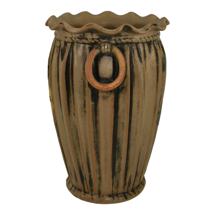 Weller Louella 1915s Vintage Art Pottery Hand Painted Floral Brown Ceramic Vase