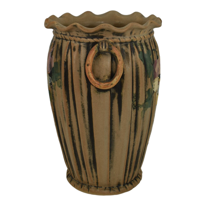 Weller Louella 1915s Vintage Art Pottery Hand Painted Floral Brown Ceramic Vase