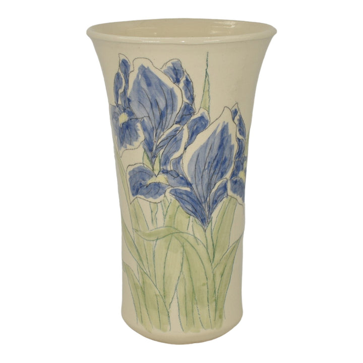 Santa Barbara Ceramic Design 1980s Art Pottery Hand Painted Blue Iris White Vase