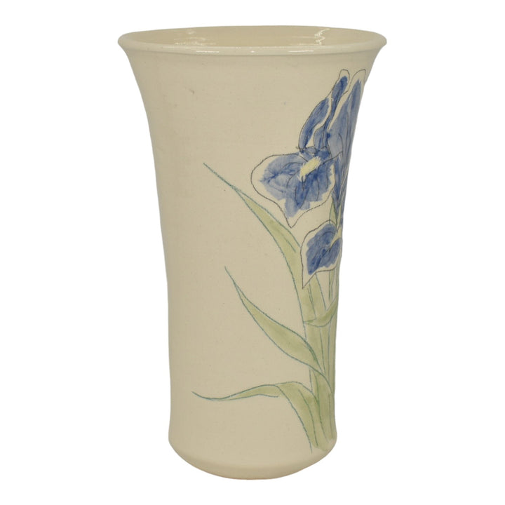 Santa Barbara Ceramic Design 1980s Art Pottery Hand Painted Blue Iris White Vase