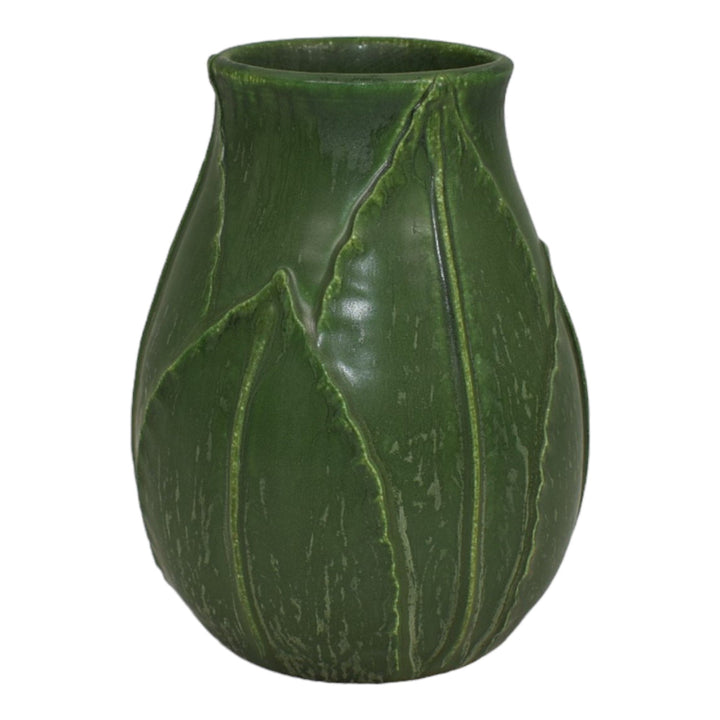 Ephraim Faience Year Hand Made Pottery Green Plum Leaf Ceramic Vase 362