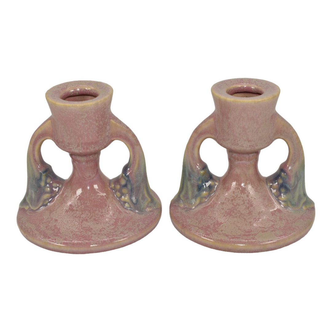 Roseville Tuscany Pink 1927 Vintage Art Deco Pottery Candle Holders 1066-3