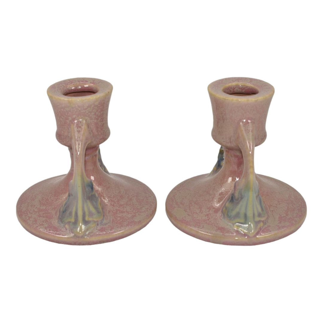 Roseville Tuscany Pink 1927 Vintage Art Deco Pottery Candle Holders 1066-3